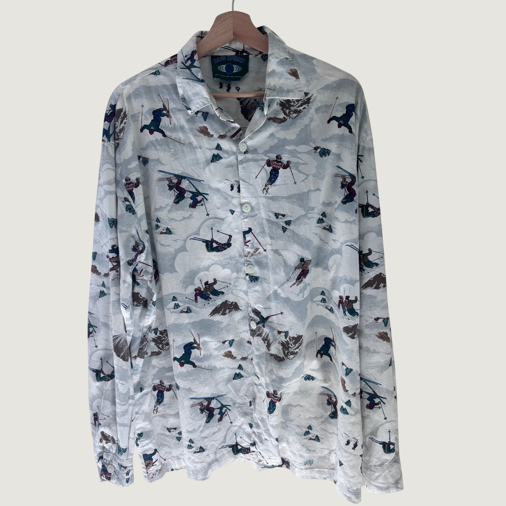 Vintage Blue Harry Skiing Print Button Down Shirt Mens XL Made in USA Cotton